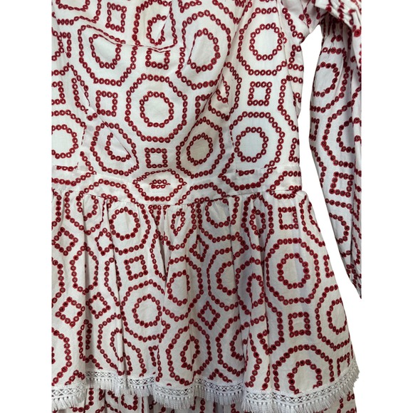 ALEXIS White Red Geometric Embroidered Tiered Square Neck Mini Dress M - Picture 6 of 7